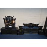 A VERSACE STYLE TWO PIECE BEDROOM SUITE, with an ebonised and marble effect finish, comprising a