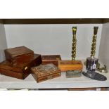 A SMALL GROUP OF METALWARES AND WOODEN BOXES, including a pair of brass open barley twist