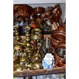 TWO BOXES OF METALWARES, including modern copper pans, jelly moulds and planters, a pair of brass