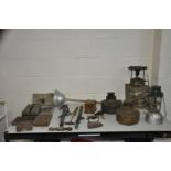 A SELECTION OF VINTAGE COLLECTABLES including five antique door locks, a tilly lamp, two paraffin