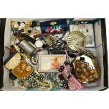 A BOX OF CONTENTS, to include a pair of sapphire and cubic zirconia set earrings, stamped 375, a