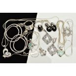 A COLLECTION OF WHITE METAL ASSORTED JEWELLERY ITEMS to include an onyx and marcasite ring, onyx and