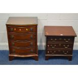 A SMALL MAHOGANY CHEST OF THREE DRAWER, on bracket feet, together with a mahogany serpentine chest