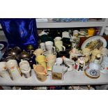 A COLLECTION OF PUB JUGS, CASED PLATED BRASS FOUR PIECE TEA SET (WORN), box of Cd's, etc,