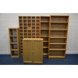 A SELECTION OF MODERN BEECH/OAK FINISH BOOKCASES, to include two large open bookcases, width 80cm