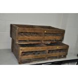 TWO VINTAGE WOODEN CRATES with wire mesh to top, one etched Verrerie Guigner, Bordeeaux, the other