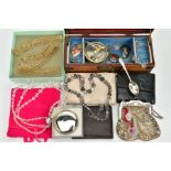 A WOODEN JEWELLERY BOX AND ITEMS, the hinged wooden jewellery box, set with carved openwork