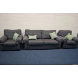 A MULTIYORK CHARCOAL UPHOLSTERED THREE PIECE LOUNGE SUITE, comprising two seater settee, width 203cm