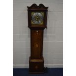 A GEORGE IV OAK AND CROSSBANDED EIGHT DAY LONGCASE CLOCK, the hood with a scrolled top and twin
