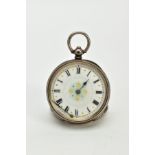 A LADIES OPEN FACED POCKET WATCH, white dial with blue and gold floral detailing, Roman numerals,