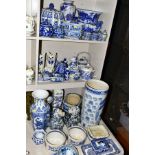 A QUANTITY OF MODERN BLUE AND WHITE CERAMICS, including Oriental vases, stick stand, jars and