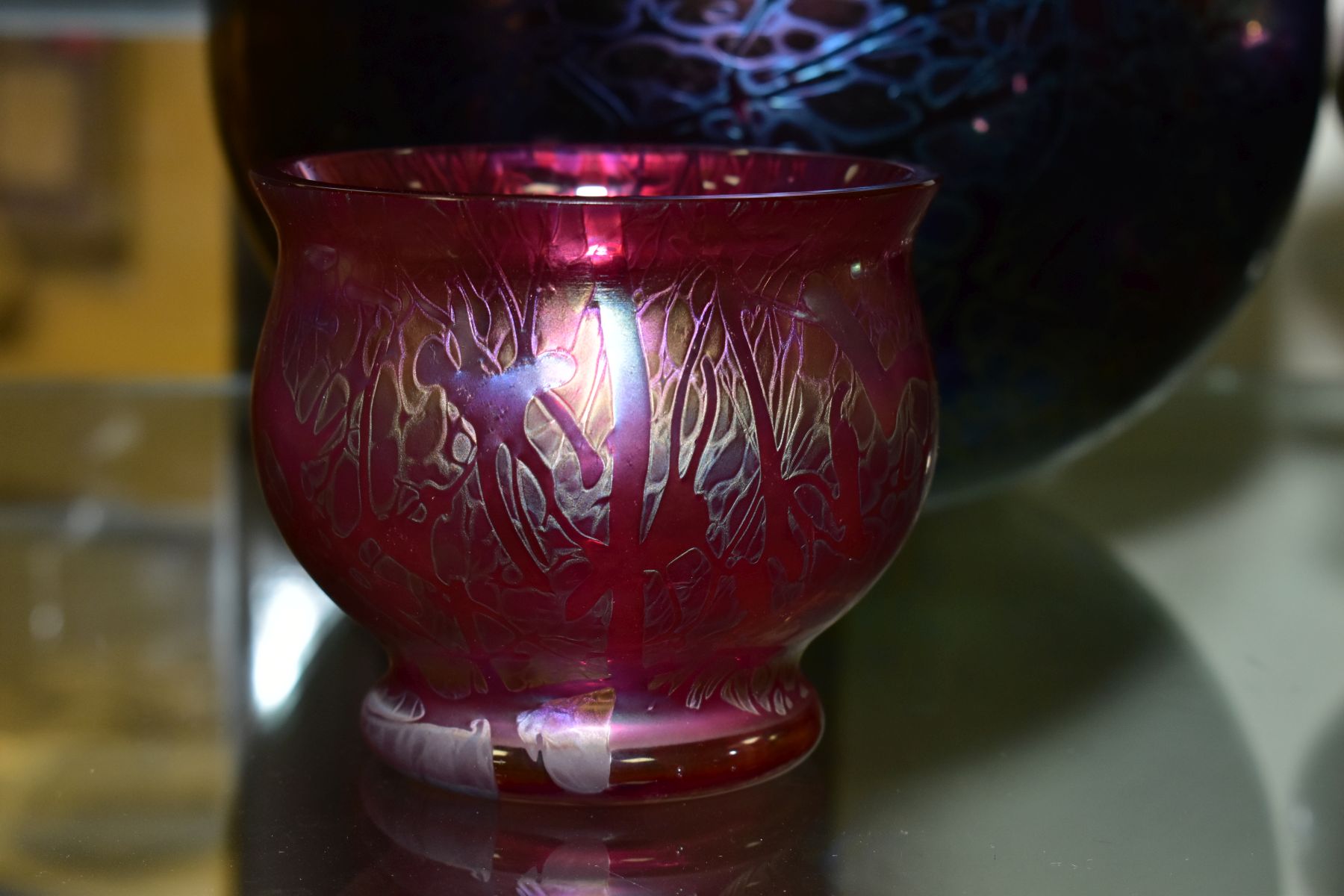 A ROYAL BRIERLEY STUDIO IRIDESCENT PURPLE VASE, of squat baluster form, etched mark to base, - Image 2 of 11