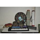 A YAMAHA KEYBOARD in box with PSU, an Active Sport easy pitch tent, two vintage golf bags and