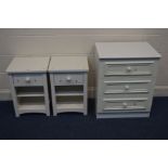 A PAIR OF MODERN WHITE BEDSIDE CABINET, with a single drawer, together with a chest of three drawers