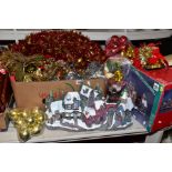 A BOX OF CHRISTMAS DECORATIONS, including baubles, other tree decorations, etc and a boxed indoor