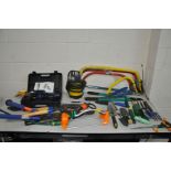 A CASED POWER CRAFT CORDLESS HEDGE/SHRUB TRIMMER, a submersible pump, four bow saws, trowels,
