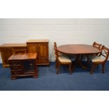 A CHERRYWOOD EXTENDING PEDESTAL DINING TABLE, diameter 107cm x height 75cm, four chairs, together