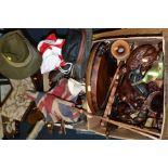 TWO BOXES OF TREEN, SEASHELLS, HATS, ROCKING FOOT STOOL, etc, including vintage wooden Union '