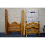 TWO PINE SNGLE BED FRAMES with side rails and slats along with a Sealey mattress