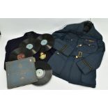 A BOX CONTAINING AN OFFICERS DRESS RAF UNIFORM JACKET AND TROUSERS, complete with WWII ribbon bar,