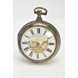 A GEORGE III SILVER PAIR CASED POCKET WATCH of large proportions, with finely painted dial,