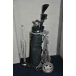 A GOLF BAG, TROLLEY AND GOLF CLUBS including Wilson, Pinseeker, Donnay, etc