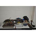 SIX TRAYS CONTAINING AUTOMOTIVE TOOLS including spanners, scales, straps, a welding mask, a vice,