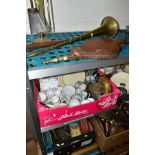 FOUR BOXES AND LOOSE SUNDRY ITEMS, to include assorted tea wares, brass and copper graduated