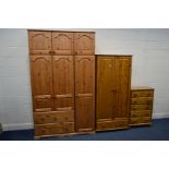 THREE PIECES OF MODERN PINE FURNITURE, to include a wardrobe, with three large cupboard doors, two