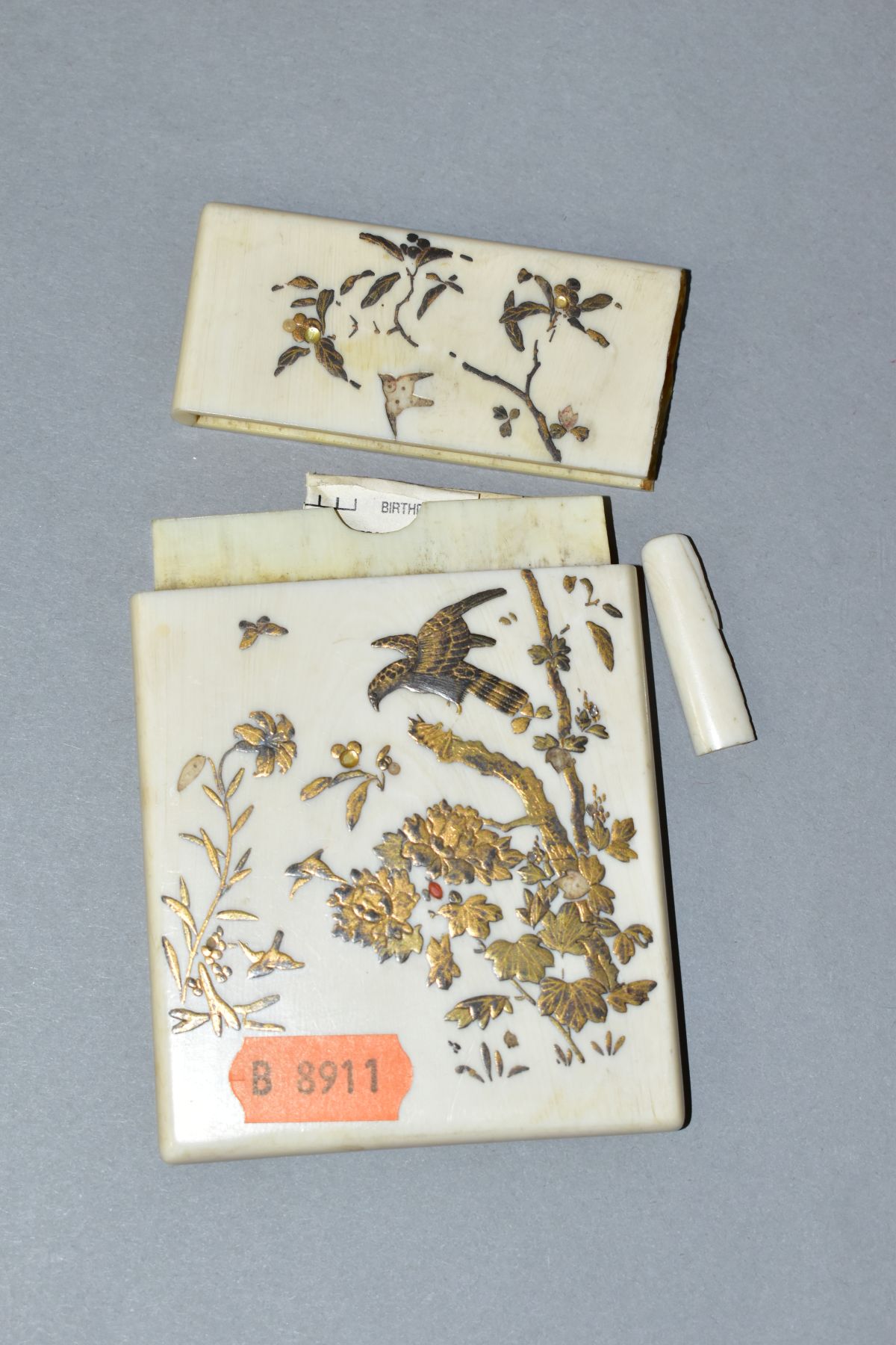 A LATE 19TH CENTURY JAPANESE IVORY AND SHIBIYAMA CARD CASE, the pull off cover with splits and - Image 6 of 8