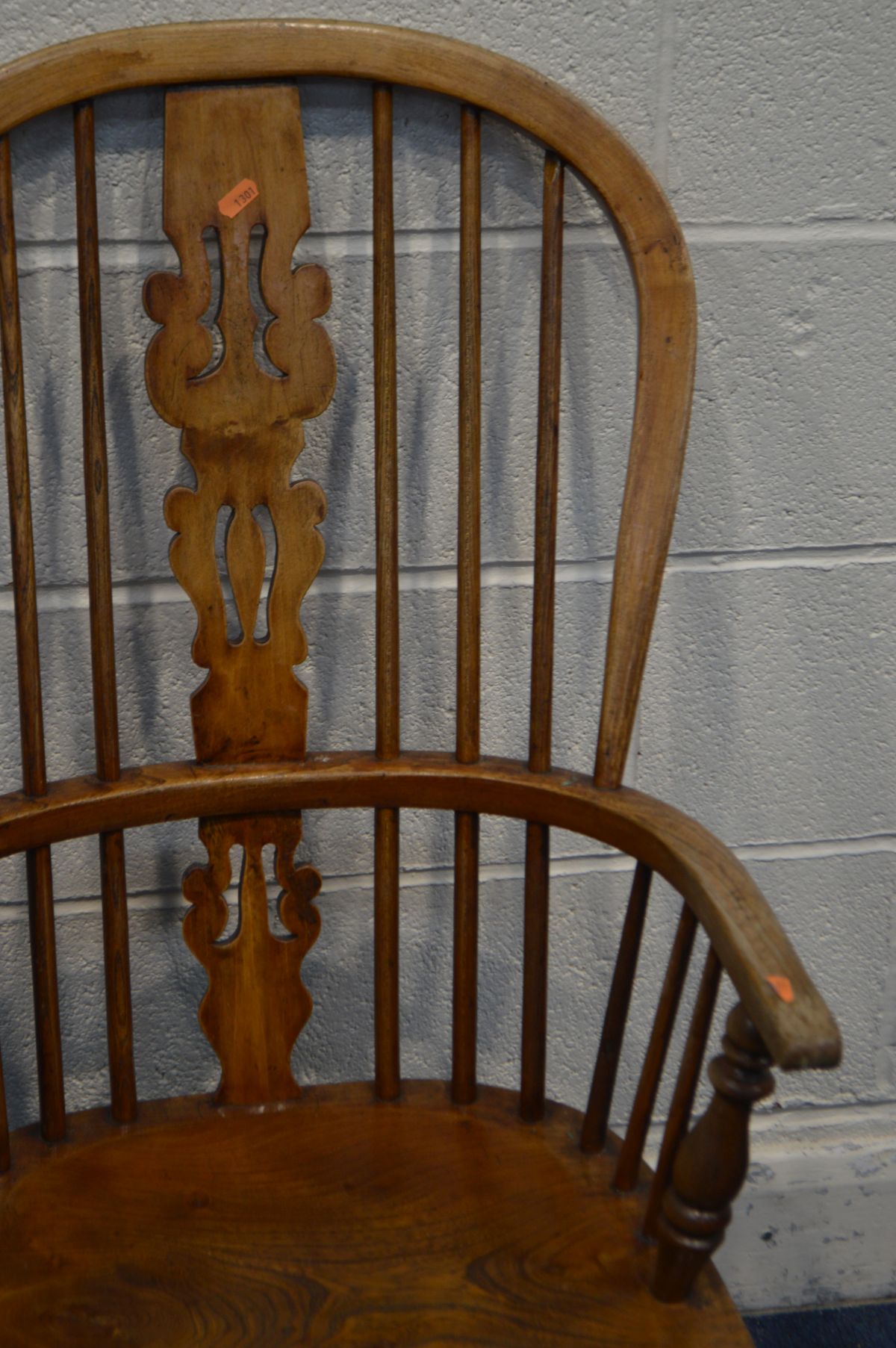 A 19TH CENTURY ELM AND BEECH SPINDLE HOOP BACK ARMCHAIR on a H stretcher together with an - Image 3 of 4