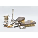 A SELECTION OF SILVER ITEMS, to include a three piece vanity set, such as a hair brush, clothes