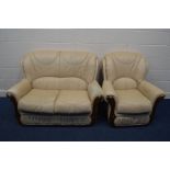 A CREAM LEATHER TWO PIECE LOUNGE SUITE (sd to one armrest)