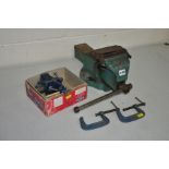 A WODEN 186S-5 ENGINEERING VICE, a Woden X260 bench vice and two Picador G clamps (4)