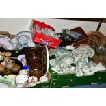 SEVEN BOXES OF CERAMICS, GLASSWARE, etc, including Royal commemorative mugs and loving cup, a BHS '