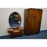 AN ART DECO WALNUT TWO PIECE BEDROOM SUITE, comprising a double door wardrobe, width 120cm x depth