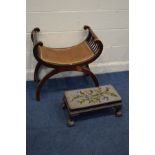 AN EDWARDIAN MAHOGANY STOOL with scrolled sides, together with beadwork stool on ball and claw
