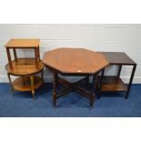 AN EDWARDIAN WALNUT OCTAGONAL CENTRE TABLE, 92cm diameter x height 72cm, together with a walnut