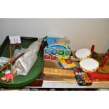 A BOXED FOLDING CARD TABLE, a pond yacht, sail loose, a bagatelle board, a skittles game, cribbage