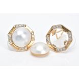 A PAIR OF YELLOW METAL, MABE PEARL AND DIAMOND EARRINGS, each of a hexagonal form with a central