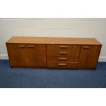 A SUTCLIFFE S-FORM TEAK SIDEBOARD, double cupboard doors and a single door flanking four central