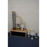 A MODERN BEECH TV STAND, together with a CD rack, eight table lamps including a 1970's lamp,