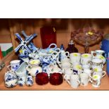 A GROUP OF CERAMICS AND GLASSWARES, to include Delft ornaments, various crested ware tygs, glass