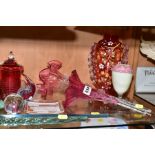 A GROUP OF VICTORIAN AND LATER COLOURED GLASSWARE, including epergne trumpets, modern glass