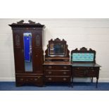 AN EDWARDIAN MAHOGANY THREE PIECE LOUNGE SUITE, comprising a single mirror door wardrobe above a