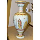 A MID 19TH CENTURY OPALINE GLASS BALUSTER VASE, decorated with Etruscan figures, with stylised