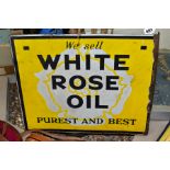 A DOUBLE SIDED WALL MOUNTED ENAMEL 'WHITE ROSE OIL' ADVERTISING SIGN, some damage, wear and loss