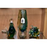 THREE PIECES OF MURANO GLASS, comprising Sommerso vase, in green/blue/yellow height 20.5cm and two