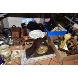 FOUR BOXES AND LOOSE METALWARES, CLOCKS, BOOKS, HATS, TABLE LAMP etc, including large resin