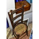 A LATE VICTORIAN STAINED BEECH DEPORTMENT CHAIR, with oval rush chair (repairs), a wooden writing